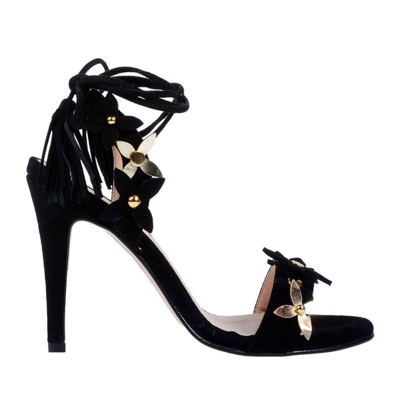 Trussardi Jeans Suede Black heels sandals with gold logo flowers New size 37 (7)